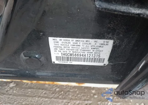 2004 Honda Accord 2.4 Ex из США, поврежденный, VIN 1HGCM56694A121315